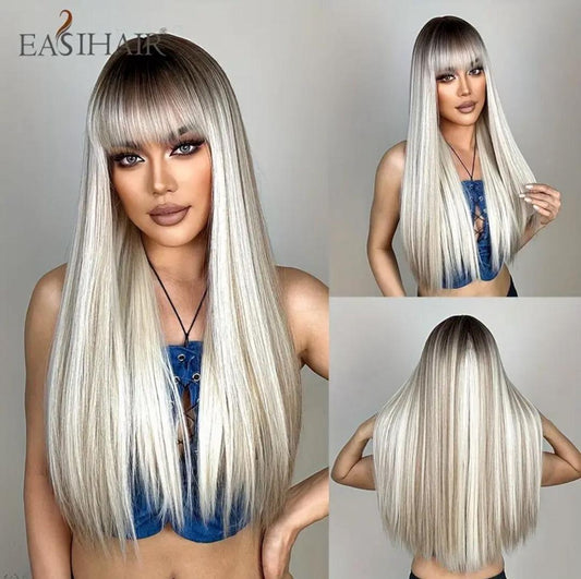 Perruque Longue Lisse Blond Cendré avec Frange – EASIHAIR
