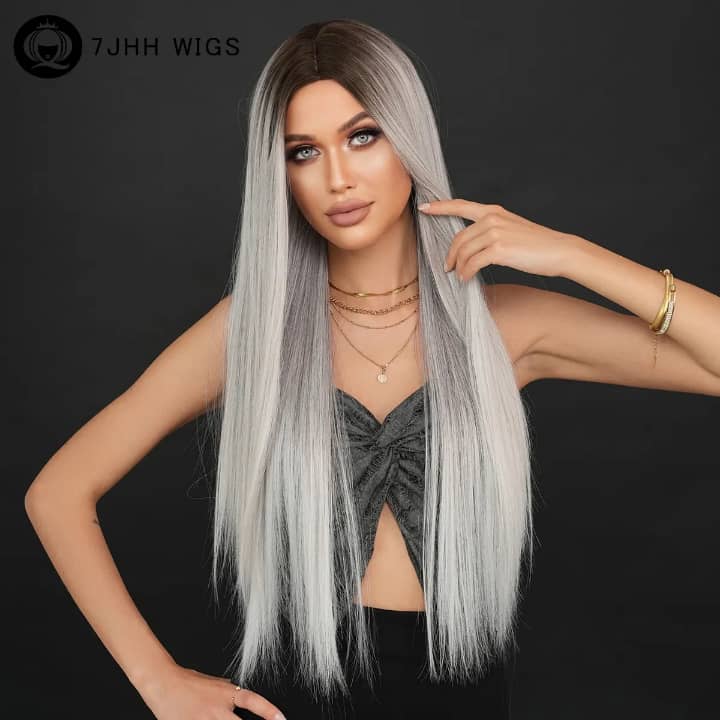 Perruque Longue Lisse Blond Cendré avec Frange – EASIHAIR